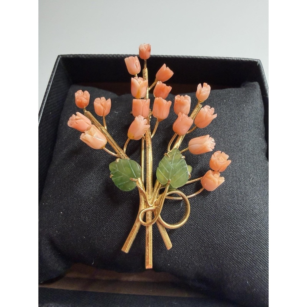 Brooch Bouquet of genuine pink carved roses with genuine Jade leaves gold finish